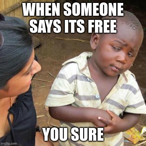 Third World Skeptical Kid Meme | WHEN SOMEONE SAYS ITS FREE; YOU SURE | image tagged in memes,third world skeptical kid | made w/ Imgflip meme maker