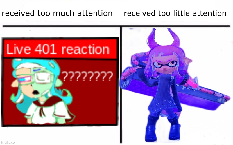 received too much attention; received too little attention | image tagged in drm oc,cala oc | made w/ Imgflip meme maker