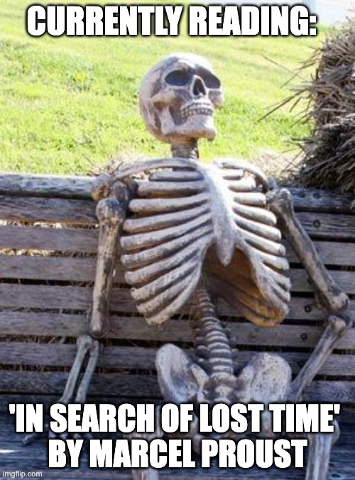 Dear Reader: It's just gonna stay lost. | CURRENTLY READING:; 'IN SEARCH OF LOST TIME' 
BY MARCEL PROUST | image tagged in memes,waiting skeleton,books,halloween,book memes,library | made w/ Imgflip meme maker