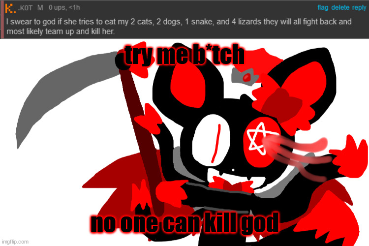 try me b*tch; no one can kill god | image tagged in chaos time | made w/ Imgflip meme maker