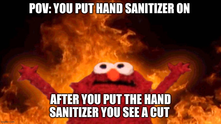 elmo | POV: YOU PUT HAND SANITIZER ON; AFTER YOU PUT THE HAND SANITIZER YOU SEE A CUT | image tagged in elmo fire | made w/ Imgflip meme maker