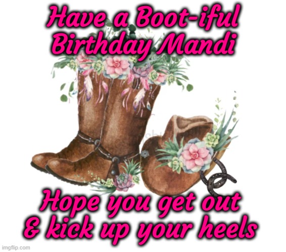 Happy Birthday Mandi | Have a Boot-iful Birthday Mandi; Hope you get out & kick up your heels | image tagged in cowboy boots,mandi,birthday | made w/ Imgflip meme maker