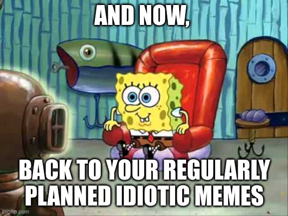 Spongebob hype tv | AND NOW, BACK TO YOUR REGULARLY PLANNED IDIOTIC MEMES | image tagged in spongebob hype tv | made w/ Imgflip meme maker