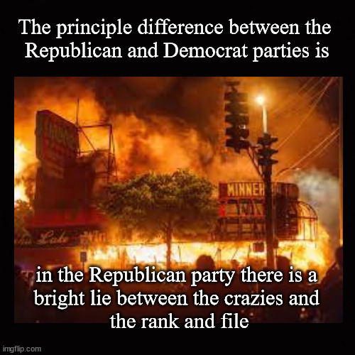 The principle difference between the  Republican and Democrat parties is ... | The principle difference between the 
Republican and Democrat parties is; in the Republican party there is a 
bright lie between the crazies and 
the rank and file | image tagged in republican party,democrat party | made w/ Imgflip meme maker