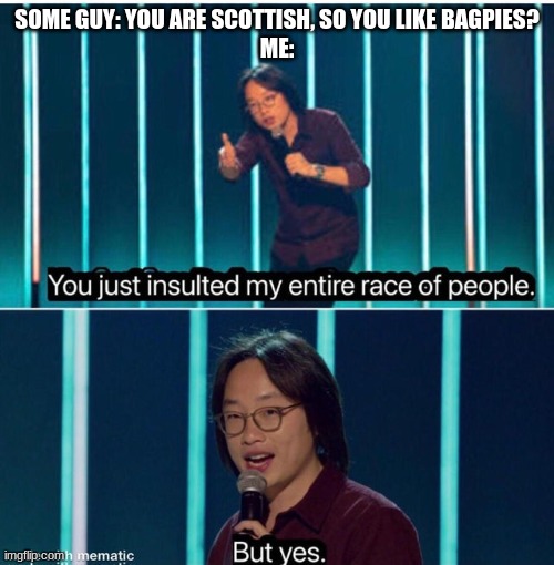 yes i like bagpipes | SOME GUY: YOU ARE SCOTTISH, SO YOU LIKE BAGPIES?
ME: | image tagged in you just insulted my entire race of people | made w/ Imgflip meme maker