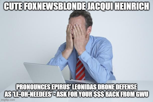 she makes 120k a yr- doesn't know who King Leonidas of Sparta was? | CUTE FOXNEWSBLONDE JACQUI HEINRICH; PRONOUNCES EPIRUS' LEONIDAS DRONE DEFENSE AS 'LE-OH-NEEDEES' - ASK FOR YOUR $$$ BACK FROM GWU | image tagged in head in hands | made w/ Imgflip meme maker