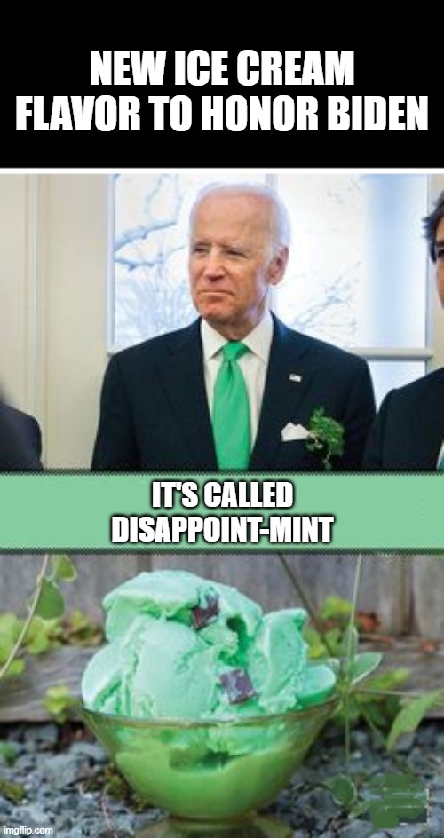 NEW ICE CREAM FLAVOR TO HONOR BIDEN; IT'S CALLED
DISAPPOINT-MINT | image tagged in biden,ice cream | made w/ Imgflip meme maker