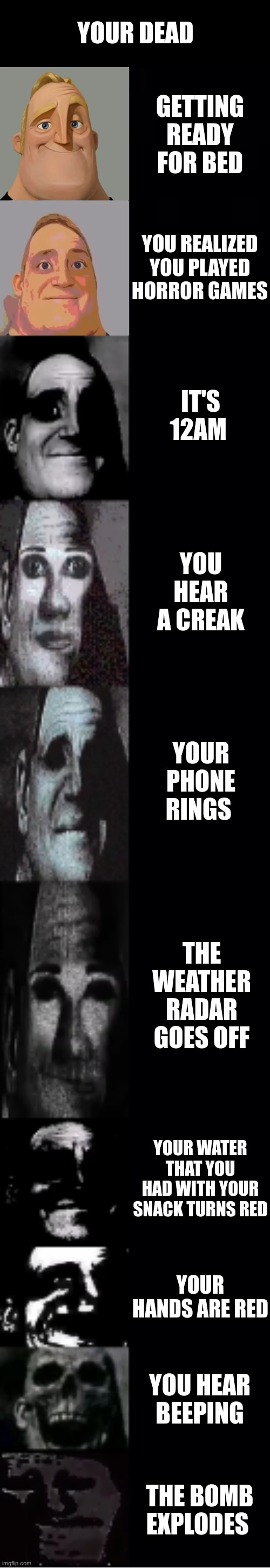 going to bed | YOUR DEAD; GETTING READY FOR BED; YOU REALIZED YOU PLAYED HORROR GAMES; IT'S 12AM; YOU HEAR A CREAK; YOUR PHONE RINGS; THE WEATHER RADAR GOES OFF; YOUR WATER THAT YOU HAD WITH YOUR SNACK TURNS RED; YOUR HANDS ARE RED; YOU HEAR BEEPING; THE BOMB EXPLODES | image tagged in mr incredible becoming uncanny | made w/ Imgflip meme maker