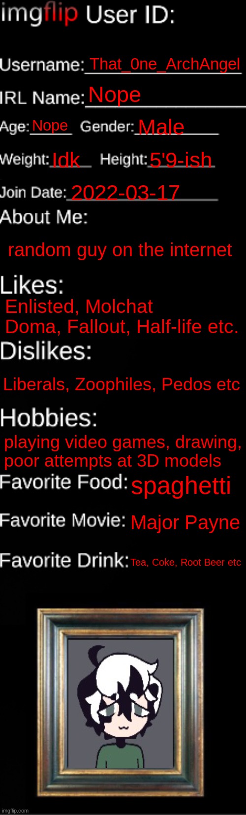 imgflip id card 2 electric boogaloo | That_0ne_ArchAngel; Nope; Nope; Male; Idk; 5'9-ish; 2022-03-17; random guy on the internet; Enlisted, Molchat Doma, Fallout, Half-life etc. Liberals, Zoophiles, Pedos etc; playing video games, drawing, poor attempts at 3D models; spaghetti; Major Payne; Tea, Coke, Root Beer etc | image tagged in imgflip id card,electric boogalo | made w/ Imgflip meme maker