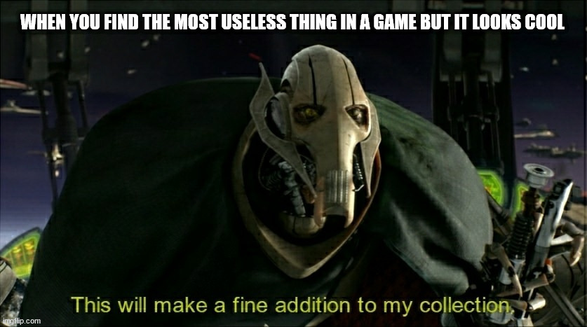 A fine addition | WHEN YOU FIND THE MOST USELESS THING IN A GAME BUT IT LOOKS COOL | image tagged in this will make a fine addition to my collection | made w/ Imgflip meme maker