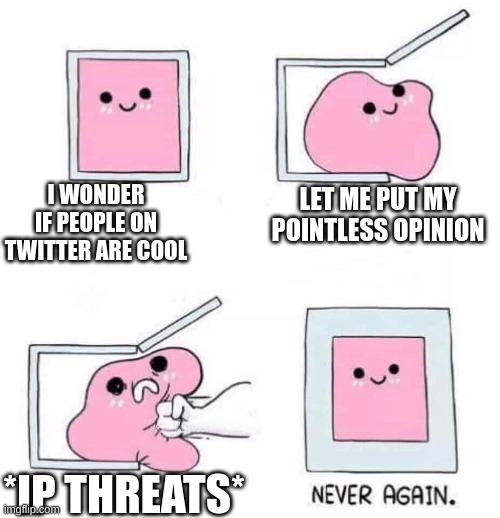 Twitter be like: | I WONDER IF PEOPLE ON TWITTER ARE COOL; LET ME PUT MY POINTLESS OPINION; *IP THREATS* | image tagged in never again | made w/ Imgflip meme maker
