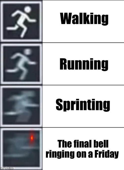 Confirmed | The final bell ringing on a Friday | image tagged in very fast,i am speed | made w/ Imgflip meme maker