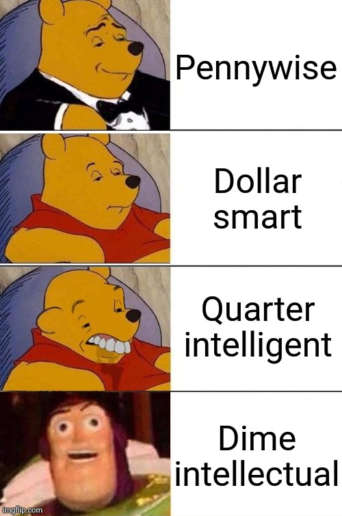 Pennywise | Pennywise; Dollar smart; Quarter intelligent; Dime intellectual | image tagged in tuxedo on top winnie the pooh 3 panel,better best blurst lightyear edition,pennywise,memes,funny,best better blurst | made w/ Imgflip meme maker