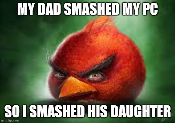 Realistic Red Angry Birds | MY DAD SMASHED MY PC; SO I SMASHED HIS DAUGHTER | image tagged in realistic red angry birds | made w/ Imgflip meme maker