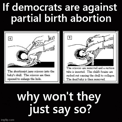 If democrats oppose partial birth abortion ... | If democrats are against 
partial birth abortion; why won't they 
just say so? | image tagged in partial birth abortion,democrat policies | made w/ Imgflip meme maker