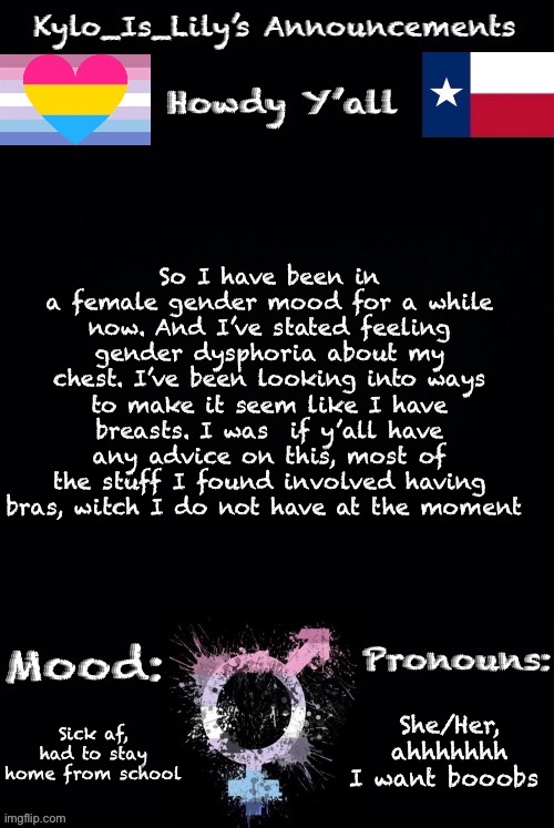 Gender go weeeeeee | So I have been in a female gender mood for a while now. And I’ve stated feeling gender dysphoria about my chest. I’ve been looking into ways to make it seem like I have breasts. I was wondering if y’all have any advice on this, most of the stuff I found involved having bras, witch I do not have at the moment; She/Her, ahhhhhhh I want booobs; Sick af, had to stay home from school | image tagged in lilys new temp | made w/ Imgflip meme maker