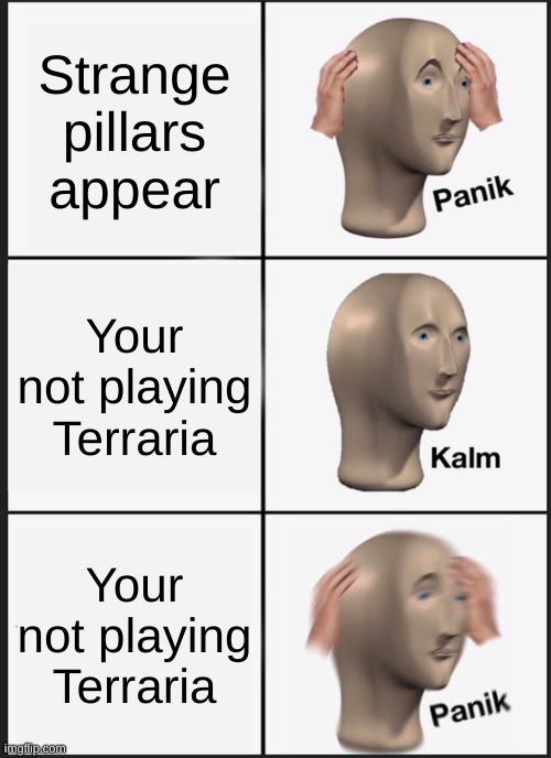 Panik Kalm Panik |  Strange pillars appear; Your not playing Terraria; Your not playing Terraria | image tagged in memes,panik kalm panik,terraria | made w/ Imgflip meme maker