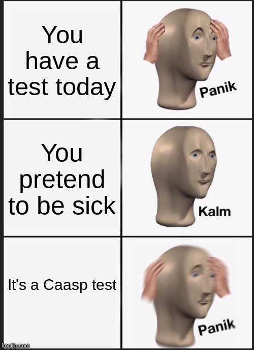 Panik Kalm Panik Meme | You have a test today; You pretend to be sick; It's a Caasp test | image tagged in memes,panik kalm panik | made w/ Imgflip meme maker