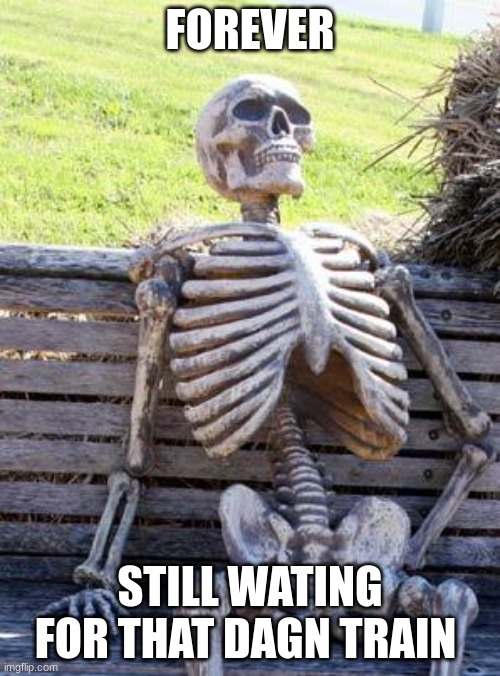 Waiting Skeleton | FOREVER; STILL WATING FOR THAT DAGN TRAIN | image tagged in memes,waiting skeleton | made w/ Imgflip meme maker