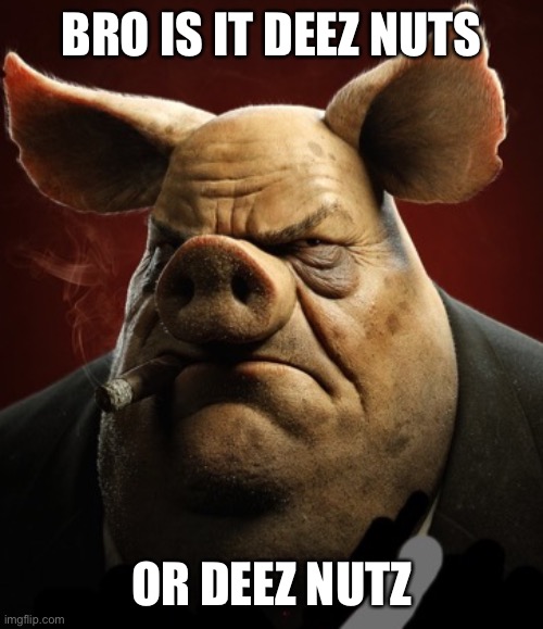 Me and friend are argueinh | BRO IS IT DEEZ NUTS; OR DEEZ NUTZ | image tagged in hyper realistic picture of a more average looking pig smoking | made w/ Imgflip meme maker