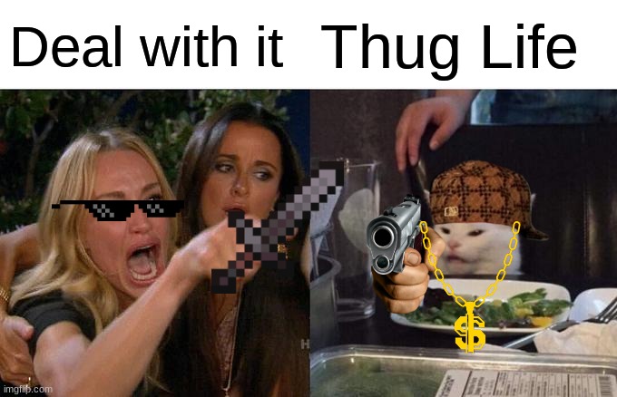 Meme vs. Meme Up vote for Deal with it and Down vote for Thug Life | Deal with it; Thug Life | image tagged in memes,woman yelling at cat | made w/ Imgflip meme maker