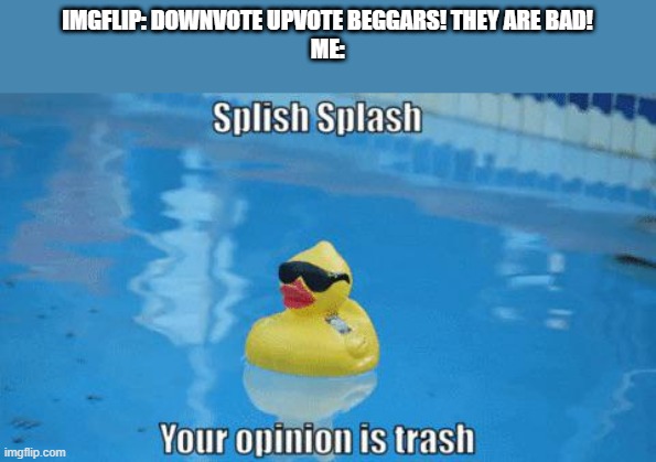 i say this bc i'm a nice person | IMGFLIP: DOWNVOTE UPVOTE BEGGARS! THEY ARE BAD!

ME: | image tagged in splish splash your opinion is trash | made w/ Imgflip meme maker