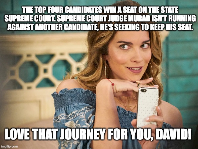 Alexis Rose | THE TOP FOUR CANDIDATES WIN A SEAT ON THE STATE SUPREME COURT. SUPREME COURT JUDGE MURAD ISN'T RUNNING AGAINST ANOTHER CANDIDATE, HE'S SEEKING TO KEEP HIS SEAT. LOVE THAT JOURNEY FOR YOU, DAVID! | image tagged in alexis rose | made w/ Imgflip meme maker