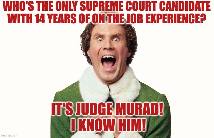 Buddy the elf excited | WHO'S THE ONLY SUPREME COURT CANDIDATE WITH 14 YEARS OF ON THE JOB EXPERIENCE? IT'S JUDGE MURAD!
 I KNOW HIM! | image tagged in buddy the elf excited | made w/ Imgflip meme maker