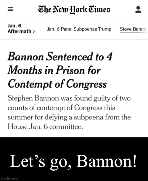A small victory, but a victory nonetheless! | Let’s go, Bannon! | image tagged in steve bannon,lets go bannon | made w/ Imgflip meme maker