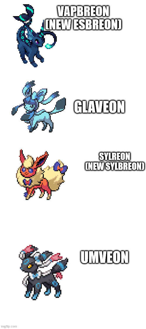 tthe new sisters! | VAPBREON (NEW ESBREON); GLAVEON; SYLREON (NEW SYLBREON); UMVEON | image tagged in blank white template | made w/ Imgflip meme maker