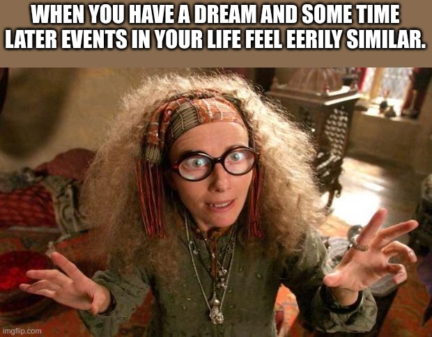 funny harry potter professor | WHEN YOU HAVE A DREAM AND SOME TIME LATER EVENTS IN YOUR LIFE FEEL EERILY SIMILAR. | image tagged in harry potter | made w/ Imgflip meme maker