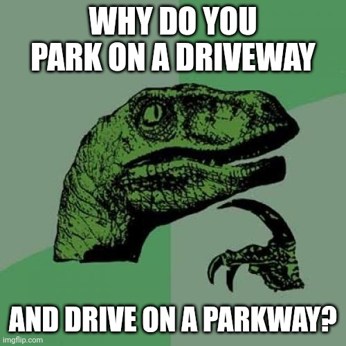 Philosoraptor Meme | WHY DO YOU PARK ON A DRIVEWAY; AND DRIVE ON A PARKWAY? | image tagged in memes,philosoraptor | made w/ Imgflip meme maker