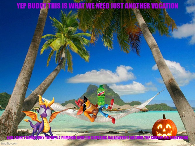 crash and spyro's halloween vacation | YEP BUDDY THIS IS WHAT WE NEED JUST ANOTHER VACATION; AND I DON'T KNOW WHY THERE'S A PUMPKIN HERE I'M GUESSING HALLOWEEN'S AROUND THE CORNER OR SOMETHING | image tagged in tropical paradise,xbox,crash bandicoot,spyro,gaming,halloween | made w/ Imgflip meme maker