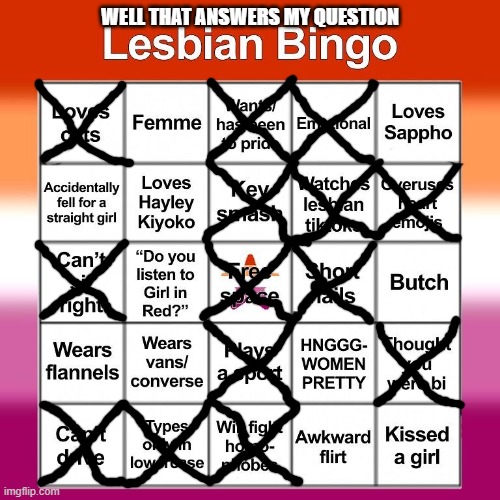 Lesbian bingo | WELL THAT ANSWERS MY QUESTION | image tagged in lesbian bingo,lgbtq stream account profile | made w/ Imgflip meme maker