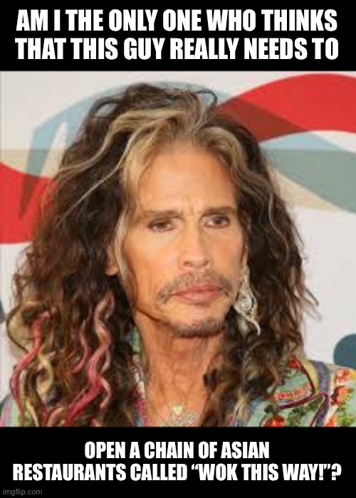 Steven Tyler | AM I THE ONLY ONE WHO THINKS THAT THIS GUY REALLY NEEDS TO; OPEN A CHAIN OF ASIAN RESTAURANTS CALLED “WOK THIS WAY!”? | image tagged in bad pun | made w/ Imgflip meme maker