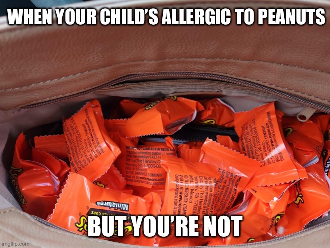 Mom stuff | WHEN YOUR CHILD’S ALLERGIC TO PEANUTS; BUT YOU’RE NOT | image tagged in peanuts,allergies,handbag,chocolate,mom | made w/ Imgflip meme maker