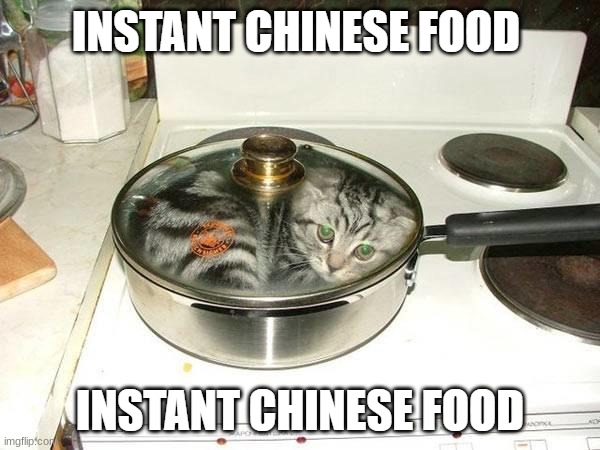 oh no le catto | image tagged in instant chinese food,cat,memes,funny,oh no,lolz | made w/ Imgflip meme maker