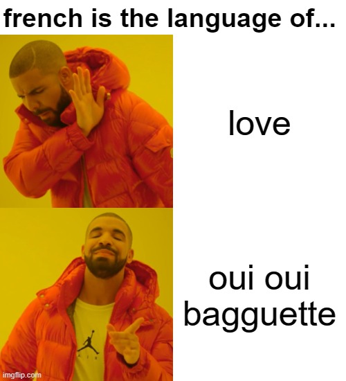 Drake Hotline Bling Meme | french is the language of... love; oui oui bagguette | image tagged in memes,drake hotline bling | made w/ Imgflip meme maker