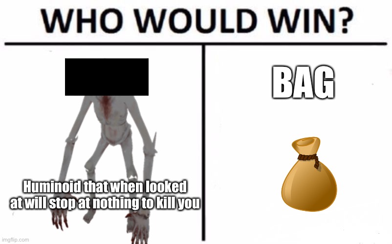 Who would win? | BAG; Huminoid that when looked at will stop at nothing to kill you | image tagged in scp 096 be like | made w/ Imgflip meme maker