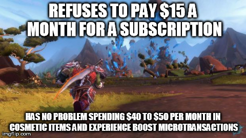 REFUSES TO PAY $15 A MONTH FOR A SUBSCRIPTION HAS NO PROBLEM SPENDING $40 TO $50 PER MONTH IN COSMETIC ITEMS AND EXPERIENCE BOOST MICROTRANS | image tagged in mmocon,gaming | made w/ Imgflip meme maker
