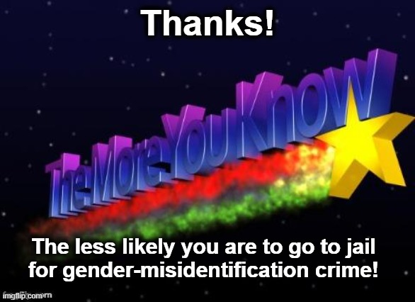 the more you know | Thanks! The less likely you are to go to jail
for gender-misidentification crime! | image tagged in the more you know | made w/ Imgflip meme maker