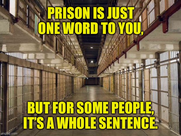 Prison, one word | PRISON IS JUST ONE WORD TO YOU, BUT FOR SOME PEOPLE, IT’S A WHOLE SENTENCE. | image tagged in prison,one word,for some,it is a whole sentence,dark humour | made w/ Imgflip meme maker