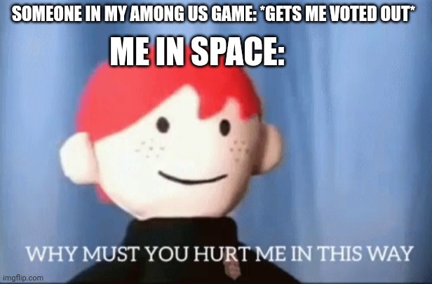 me in Among us | ME IN SPACE:; SOMEONE IN MY AMONG US GAME: *GETS ME VOTED OUT* | image tagged in why must you hurt me in this way | made w/ Imgflip meme maker