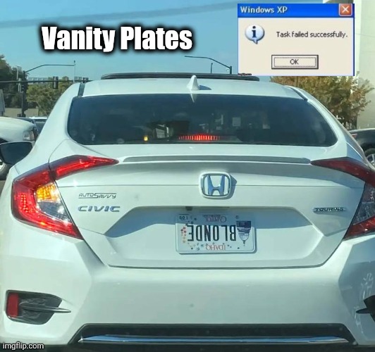"Every Picture tells a Story" - Rod Stewart | Vanity Plates | image tagged in dumb blonde,dumb and dumber,you had one job,well done,take it easy | made w/ Imgflip meme maker
