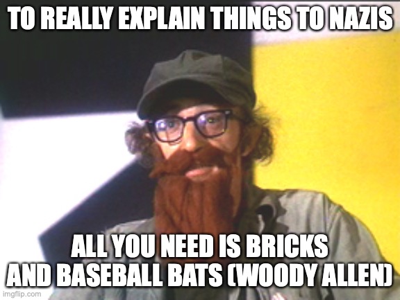 Woody allen x Nazis | TO REALLY EXPLAIN THINGS TO NAZIS; ALL YOU NEED IS BRICKS AND BASEBALL BATS (WOODY ALLEN) | image tagged in woody allen | made w/ Imgflip meme maker