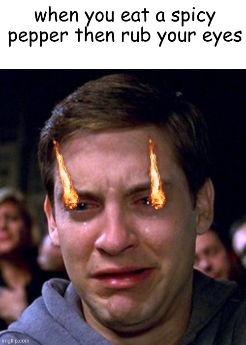 it burns!!!!!!!!! | when you eat a spicy pepper then rub your eyes | image tagged in crying peter parker | made w/ Imgflip meme maker
