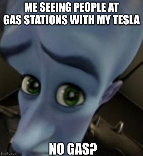 Megamind no bitches | ME SEEING PEOPLE AT GAS STATIONS WITH MY TESLA; NO GAS? | image tagged in megamind no bitches | made w/ Imgflip meme maker