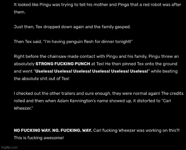 someone vandalized a THX creepypasta and i love it | image tagged in memes,funny,thx,tex,pingu,best anime ending | made w/ Imgflip meme maker