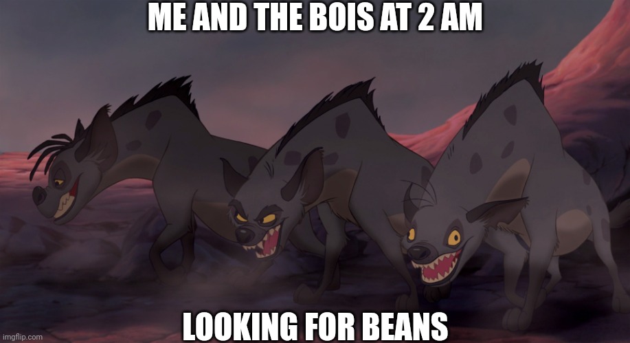 Hyena beans | ME AND THE BOIS AT 2 AM; LOOKING FOR BEANS | image tagged in hyenas-lion-king | made w/ Imgflip meme maker