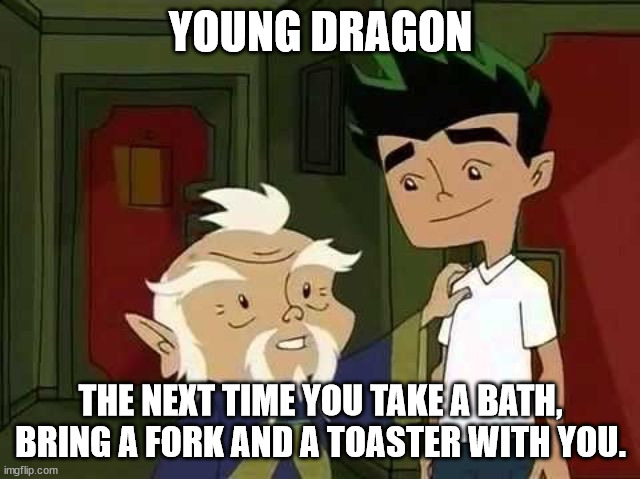 Giving advice |  YOUNG DRAGON; THE NEXT TIME YOU TAKE A BATH, BRING A FORK AND A TOASTER WITH YOU. | image tagged in giving advice | made w/ Imgflip meme maker